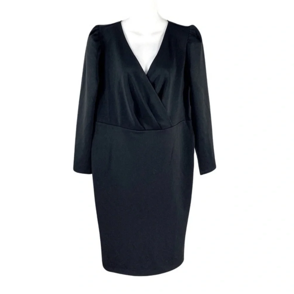 Eloquii black faux wrap puff shoulder sleeve jersey dress 14 QQ12